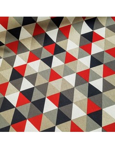 Tissu, Aspect Lin Triangles, Rouges, Laize 140 cm, Bâche Coton Polyester