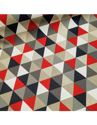 Tissu, Aspect Lin Triangles, Rouges, Laize 140 cm, Bâche Coton Polyester