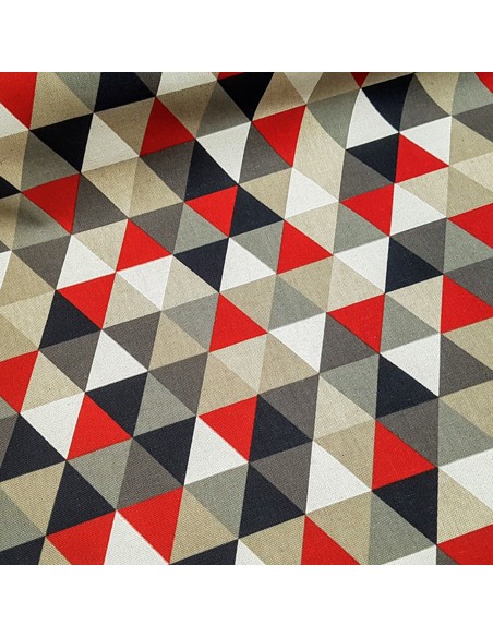 Tissu, Aspect Lin Triangles, Rouges, Laize 140 cm, Bâche Coton Polyester