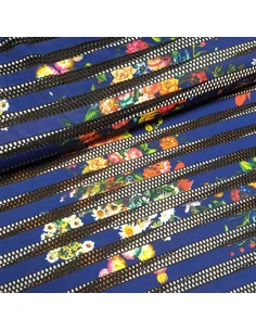 Tissu, Jersey Imprimé Fleuri, Fond Bleu Marine, Laize 150 cm, Polyester Spandex