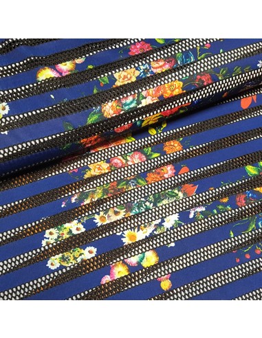 Tissu, Jersey Imprimé Fleuri, Fond Bleu Marine, Laize 150 cm, Polyester Spandex