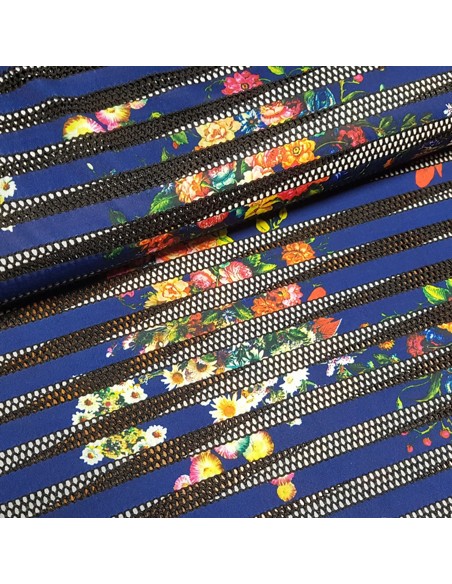 Tissu, Jersey Imprimé Fleuri, Fond Bleu Marine, Laize 150 cm, Polyester Spandex