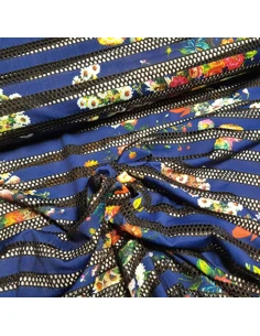 Tissu, Jersey Imprimé Fleuri, Fond Bleu Marine, Laize 150 cm, Polyester Spandex 2