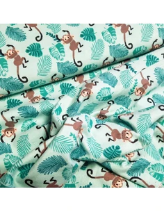 Tissu, Flanelle de Coton Petits Singes, Vert Pastel, Laize 150 cm, 100% Coton 160g/m² 2