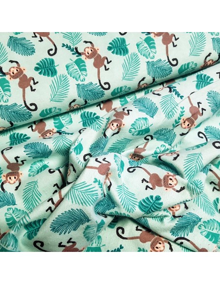 Tissu, Flanelle de Coton Petits Singes, Vert Pastel, Laize 150 cm, 100% Coton 160g/m²