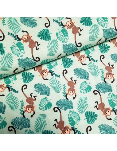 Tissu, Flanelle de Coton Petits Singes, Vert Pastel, Laize 150 cm, 100% Coton 160g/m²
