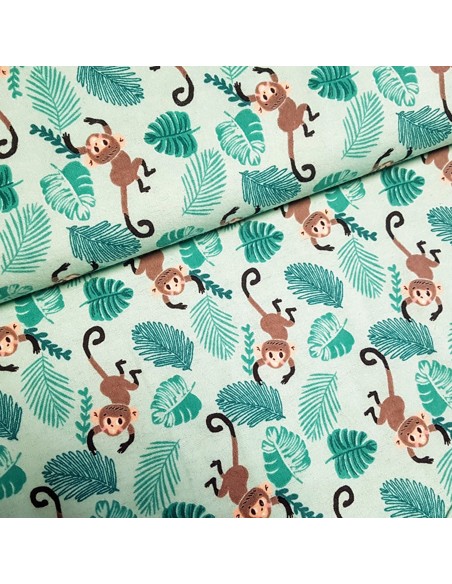 Tissu, Flanelle de Coton Petits Singes, Vert Pastel, Laize 150 cm, 100% Coton 160g/m²