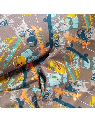 Tissu, Sweat Motif Skateboard, Verts et Marron, Laize 150 cm, Coton Bio Oeko-Tex