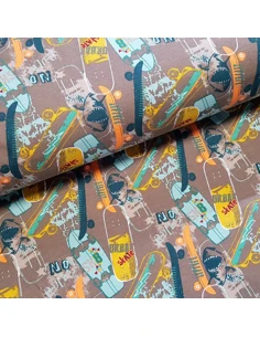 Tissu, Sweat Motif Skateboard, Verts et Marron, Laize 150 cm, Coton Bio Oeko-Tex