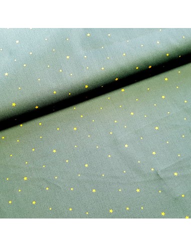 Tissu, Popeline de Coton Étoiles de Noël Dorées, Vert Kaki, Laize 150 cm, 100% Coton 128g/m²