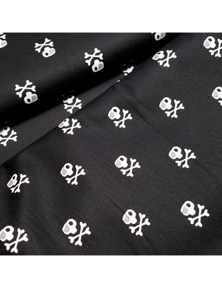 Tissu, Popeline de Coton Têtes de Morts Pirates, Noir, Laize 150 cm, 100% Coton 128g/m²