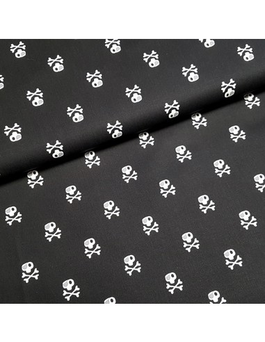 Tissu, Popeline de Coton Têtes de Morts Pirates, Noir, Laize 150 cm, 100% Coton 128g/m²