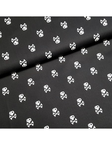 Tissu, Popeline de Coton Têtes de Morts Pirates, Noir, Laize 150 cm, 100% Coton 128g/m²