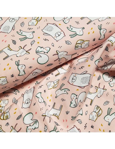 Tissu, Jersey de Coton Imprimé Animaux de la Forêt, Rose Poudré, Laize 150 cm, Coton Stretch Oeko-Tex Bio