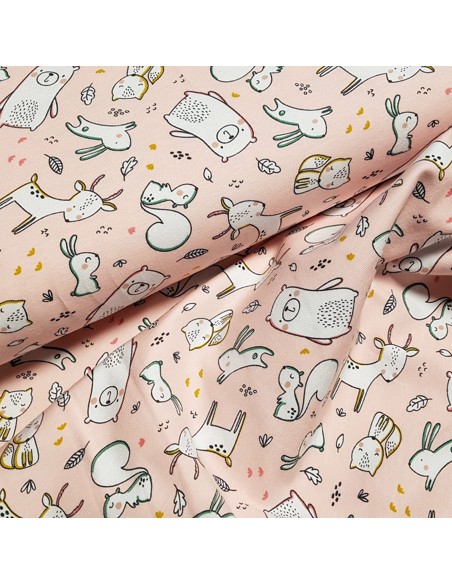 Tissu, Jersey de Coton Imprimé Animaux de la Forêt, Rose Poudré, Laize 150 cm, Coton Stretch Oeko-Tex Bio