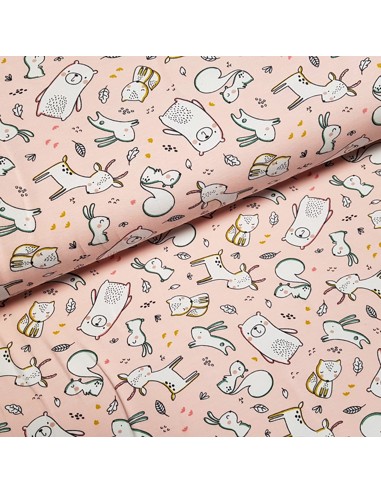 Tissu, Jersey de Coton Imprimé Animaux de la Forêt, Rose Poudré, Laize 150 cm, Coton Stretch Oeko-Tex Bio