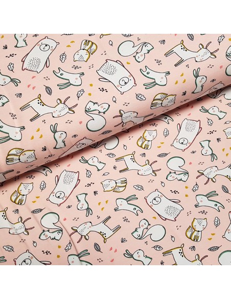 Tissu, Jersey de Coton Imprimé Animaux de la Forêt, Rose Poudré, Laize 150 cm, Coton Stretch Oeko-Tex Bio