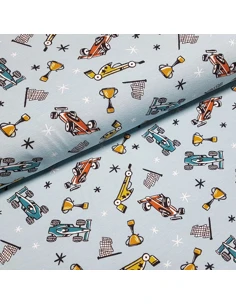Tissu, Jersey de Coton Imprimé Formule 1, Bleu Ciel Racing, Laize 150 cm, Coton Bio Stretch Oeko-Tex