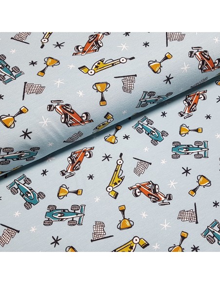 Tissu, Jersey de Coton Imprimé Formule 1, Bleu Ciel Racing, Laize 150 cm, Coton Bio Stretch Oeko-Tex