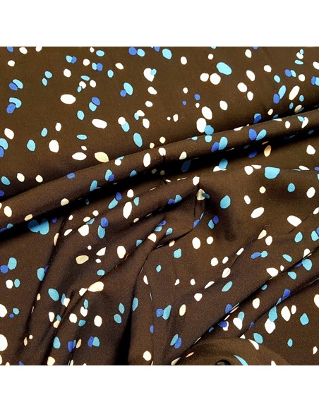 Tissu, Viscose Imprimée Empreintes, Bleu sur Fond Noir, Laize 140 cm, 100% Viscose 168g/m²