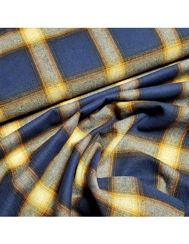Tissu, Tartan Écossais, Bleu Azur et Orange Vif, Laize 145 cm, Polyester et Coton 217.5g/ml
