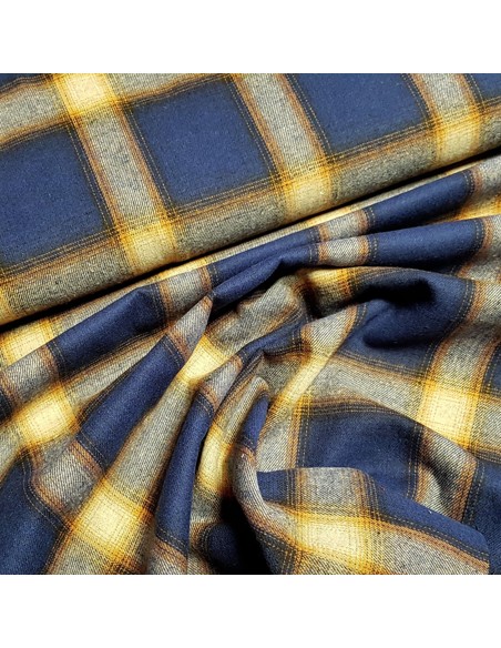 Tissu, Tartan Écossais, Bleu Azur et Orange Vif, Laize 145 cm, Polyester et Coton 217.5g/ml
