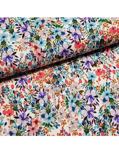 Tissu, Jersey Fleuri, Fond Blanc, Laize 140 cm, Viscose Stretch Oeko-Tex