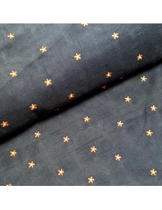 Tissu, Velours Milleraies Fleurs Brodé, Rose sur Bleu Marine, Laize 135 cm, 100% Coton 202.5g/m²