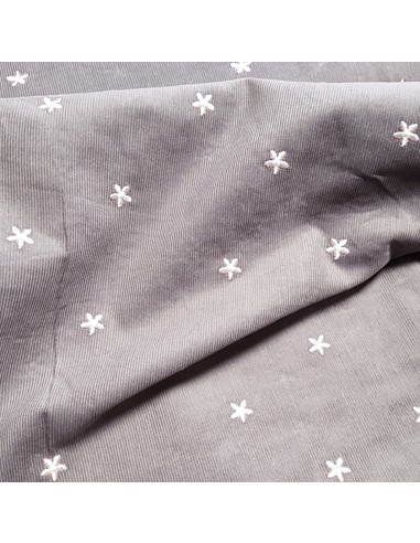 Tissu, Velours Milleraies Fleurs Brodé, Gris Moyen et Rose, Laize 135 cm, 100% Coton 202.5g/m²