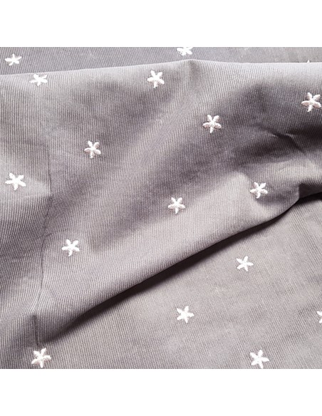 Tissu, Velours Milleraies Fleurs Brodé, Gris Moyen et Rose, Laize 135 cm, 100% Coton 202.5g/m²