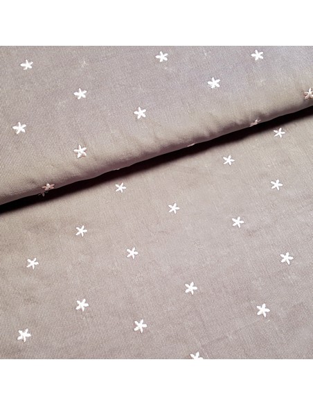 Tissu, Velours Milleraies Fleurs Brodé, Gris Moyen et Rose, Laize 135 cm, 100% Coton 202.5g/m²