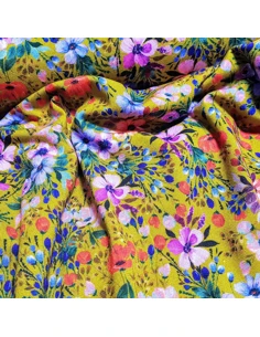 Tissu, Jersey de Viscose Fleuri, Jaune Moutarde, Laize 140 cm, Viscose Stretch Oeko-Tex 2