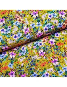 Tissu, Jersey de Viscose Fleuri, Jaune Moutarde, Laize 140 cm, Viscose Stretch Oeko-Tex