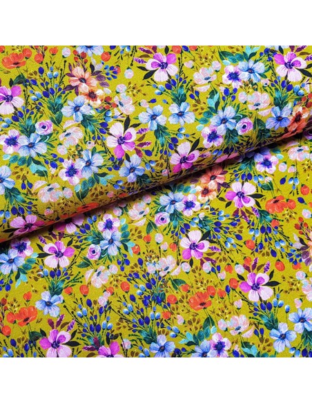 Tissu, Jersey de Viscose Fleuri, Jaune Moutarde, Laize 140 cm, Viscose Stretch Oeko-Tex
