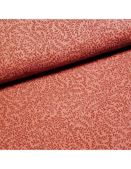 Tissu, Double Gaze, Bordeaux à Feuilles, Laize 135 cm, 100% Coton Bio 158g/m²
