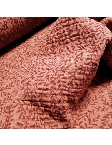 Tissu, Double Gaze, Bordeaux à Feuilles, Laize 135 cm, 100% Coton Bio 158g/m²