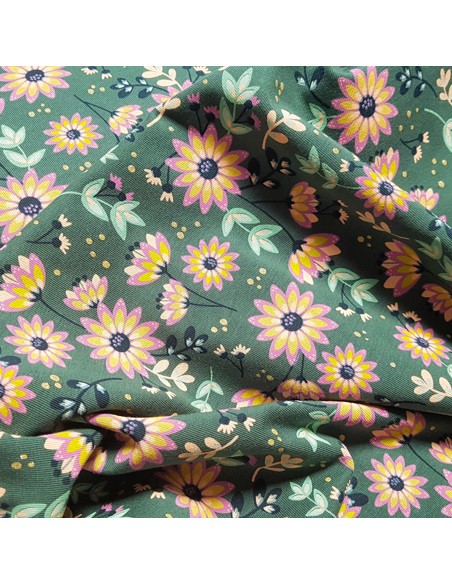Tissu, Jersey Fleuri, Vert Sapin, Laize 148 cm, Coton Stretch Oeko-Tex