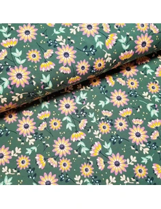Tissu, Jersey Fleuri, Vert Sapin, Laize 148 cm, Coton Stretch Oeko-Tex