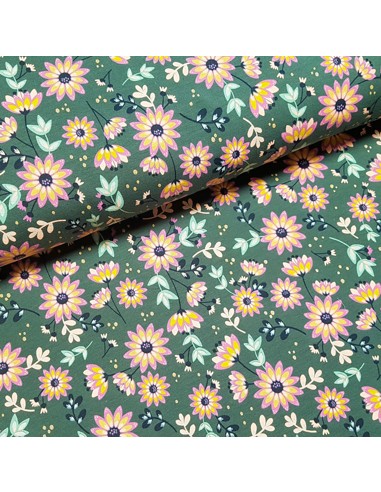 Tissu, Jersey Fleuri, Vert Sapin, Laize 148 cm, Coton Stretch Oeko-Tex