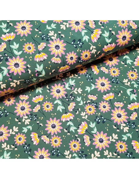 Tissu, Jersey Fleuri, Vert Sapin, Laize 148 cm, Coton Stretch Oeko-Tex