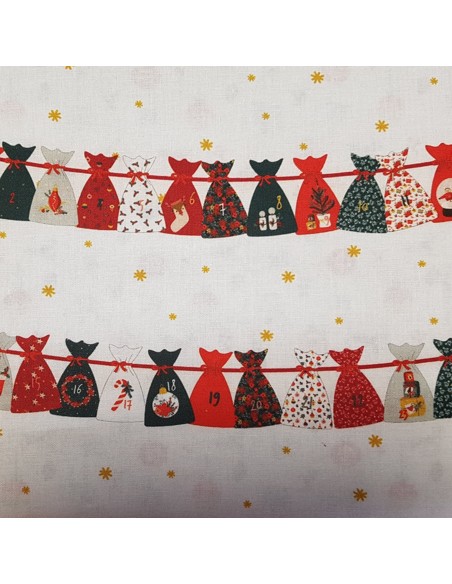 Tissu, Popeline de Coton Calendrier de l'Avent, Multicolore Festif, Laize 140 cm, 100% Coton 115g/m²