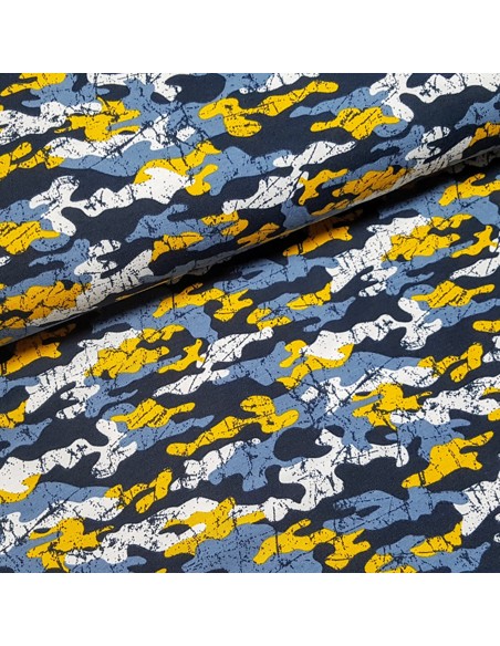 Tissu, French Terry Camouflage, Tons de Bleu, Laize 160 cm, Coton Stretch Oeko-Tex