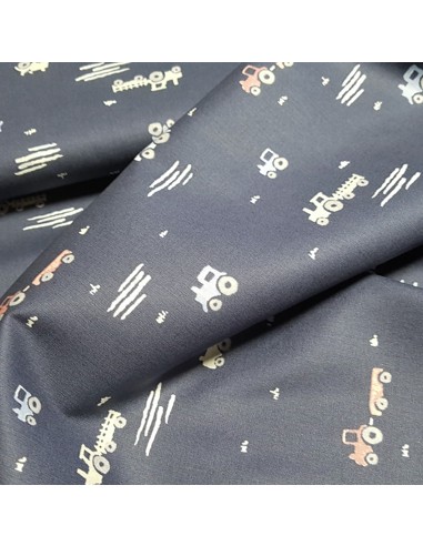 Tissu, Popeline de Coton Imprimée Camions, Bleu Jeans, Laize 150 cm, 100% Coton