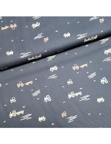 Tissu, Popeline de Coton Imprimée Camions, Bleu Jeans, Laize 150 cm, 100% Coton