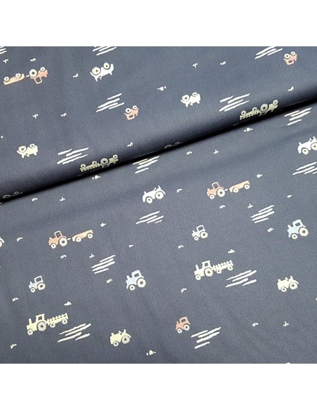 Tissu, Popeline de Coton Imprimée Camions, Bleu Jeans, Laize 150 cm, 100% Coton