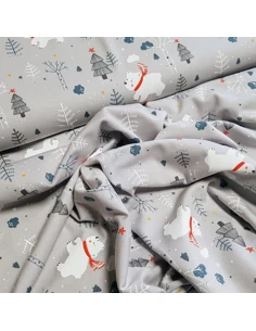 Tissu, Jersey de Coton Imprimé Oursons d'Hiver, Gris Doux, Laize 150 cm, Coton Stretch Oeko-Tex 2