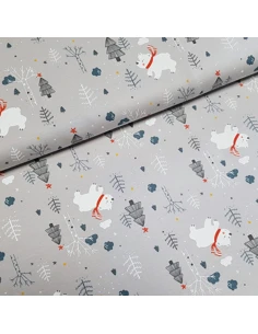 Tissu, Jersey de Coton Imprimé Oursons d'Hiver, Gris Doux, Laize 150 cm, Coton Stretch Oeko-Tex