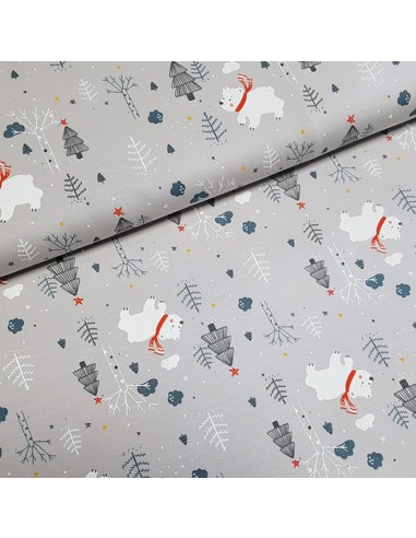 Tissu, Jersey de Coton Imprimé Oursons d'Hiver, Gris Doux, Laize 150 cm, Coton Stretch Oeko-Tex