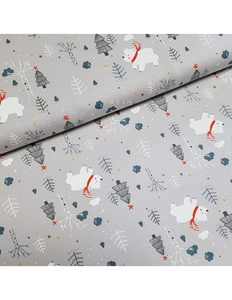 Tissu, Jersey de Coton Imprimé Oursons d'Hiver, Gris Doux, Laize 150 cm, Coton Stretch Oeko-Tex