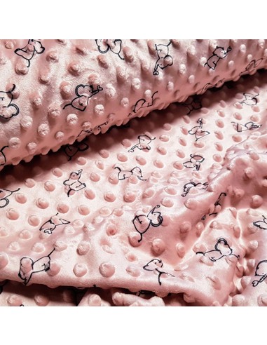 Tissu, Velours Minky Imprimé Éléphants, Vieux Rose, Laize 145 cm, 100% Polyester